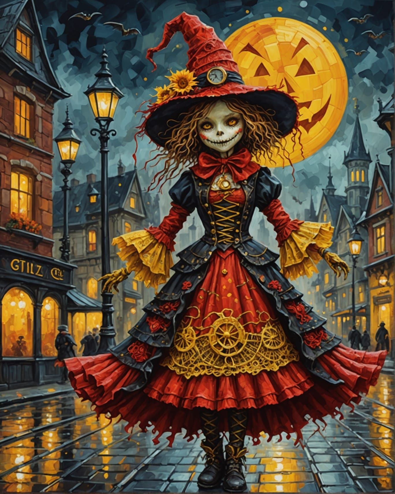 Steampunk Halloween Scarecrow on Dragon, Klimt-Inspired Art