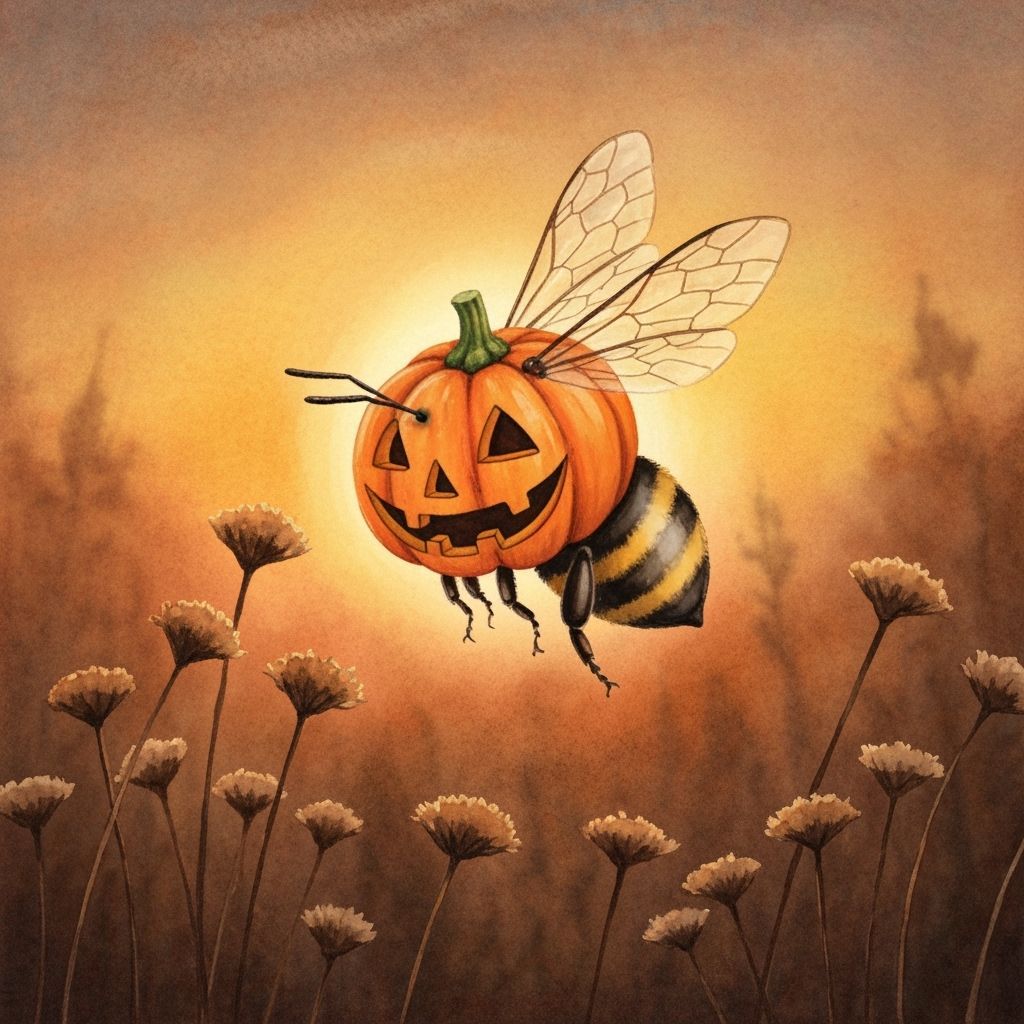Bee in Pumpkin Costume Flies Over Autumn Flowers at Sunset