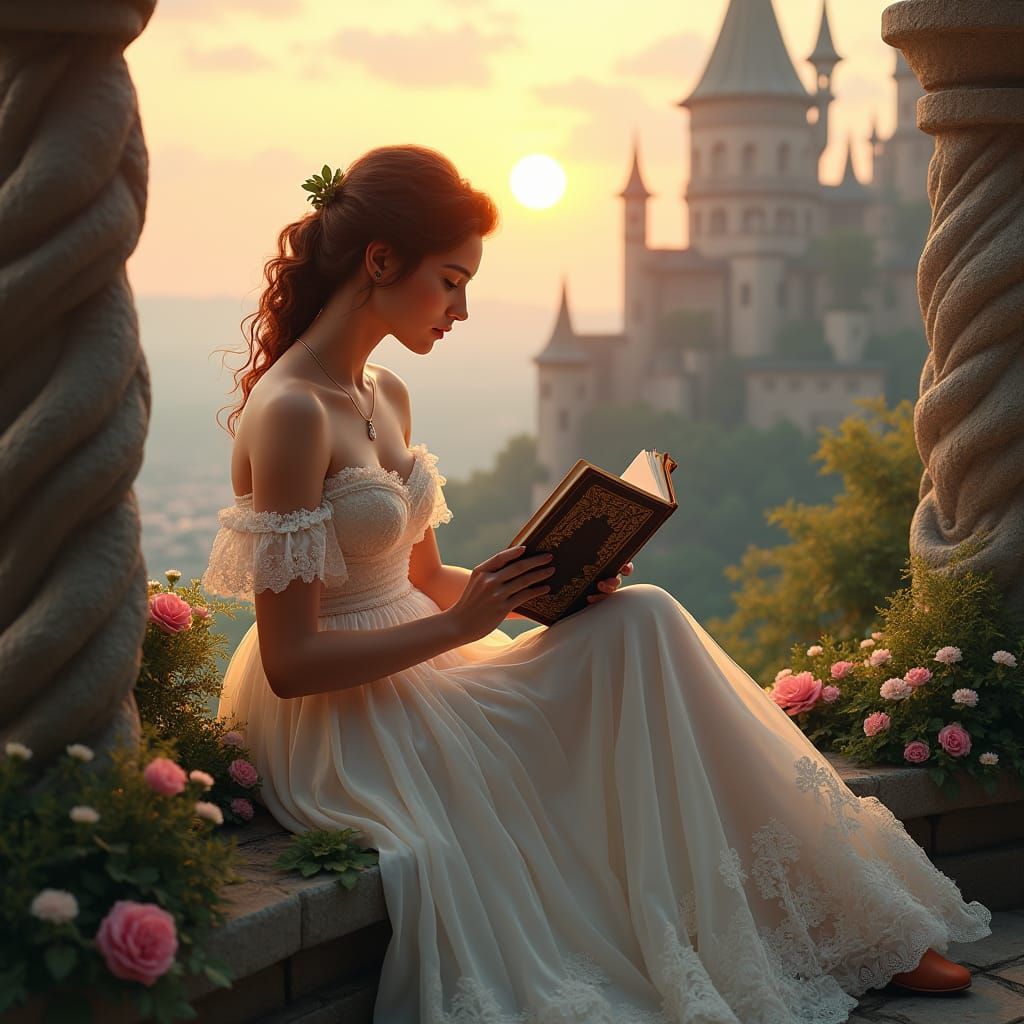 Enchanting 19th Century Woman Reading on Balcony