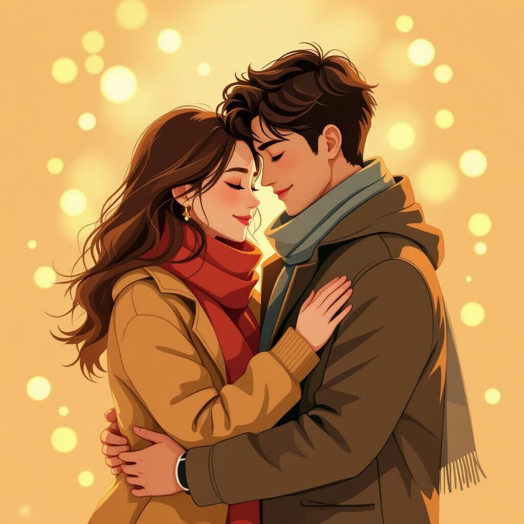 Ethereal Embrace: Figures in Golden Light, Whimsical Art