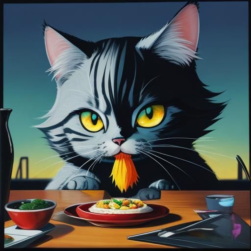 Cat Eating Sushi in Anime Style