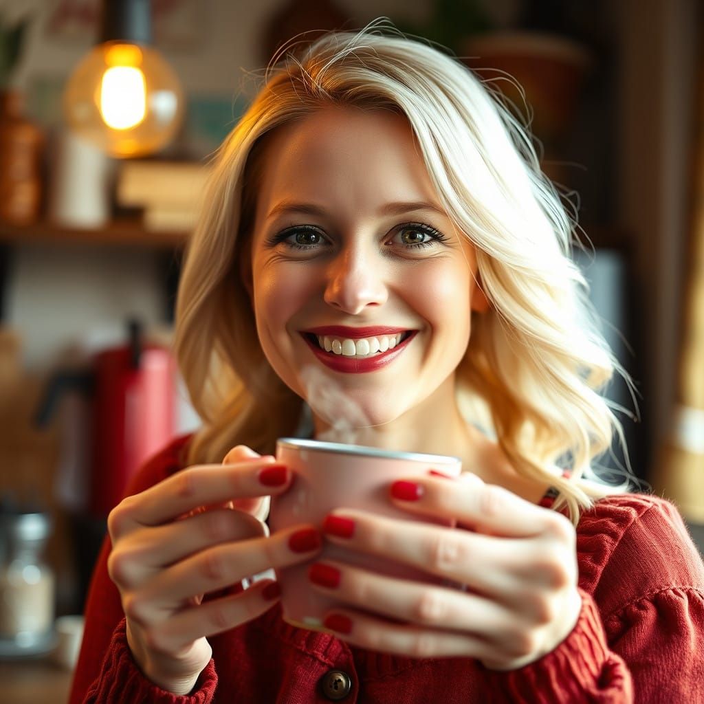 Warm Portrait of a Joyful American Tradwife Serving Coffee i...
