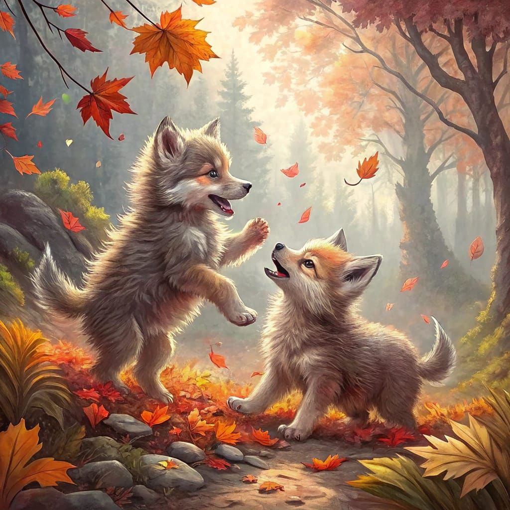 Enchanting Wolf Cubs in Autumnal Forest