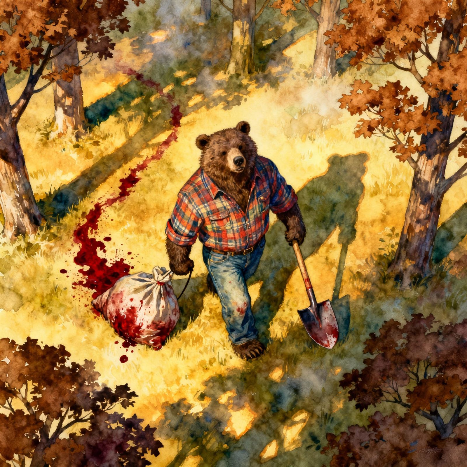 Bear Hauling Bloody Sack in Autumn Woods Illustration