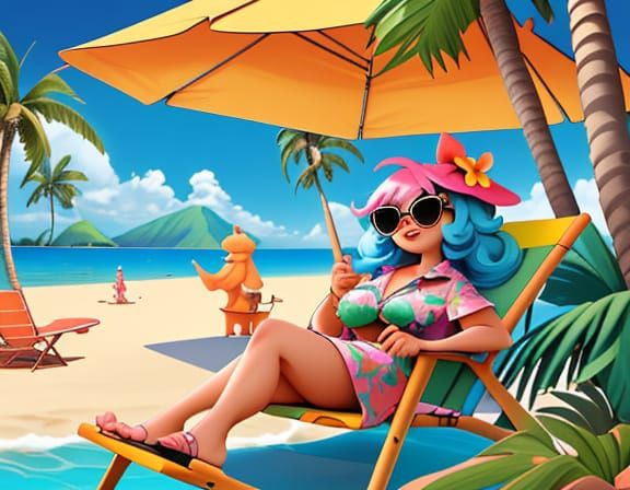 Fluffy Monster Relaxing on Tropical Beach in Cartoon Style