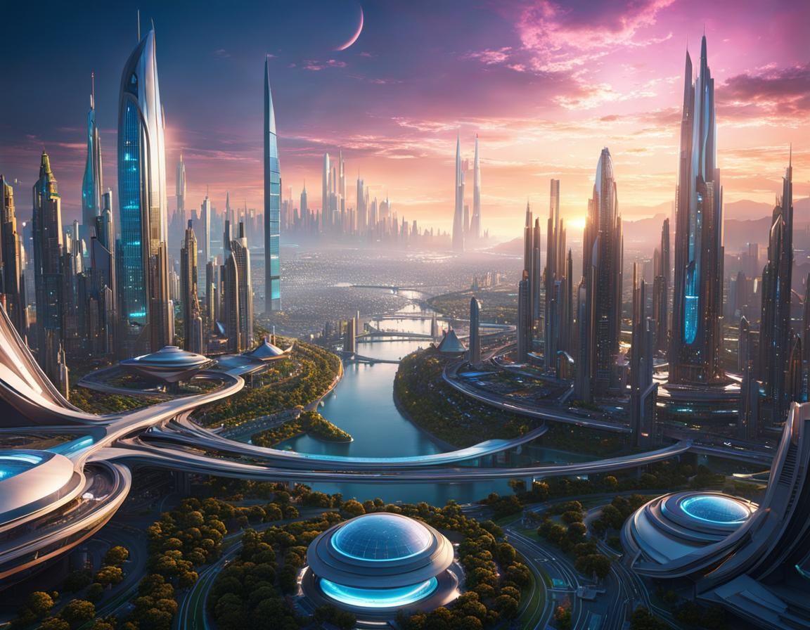 Futuristic Utopian City at Magic Hour