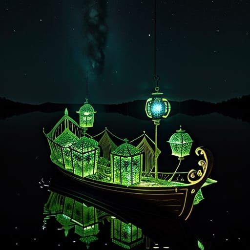 Glowing Lantern Boat on Bioluminescent Lake