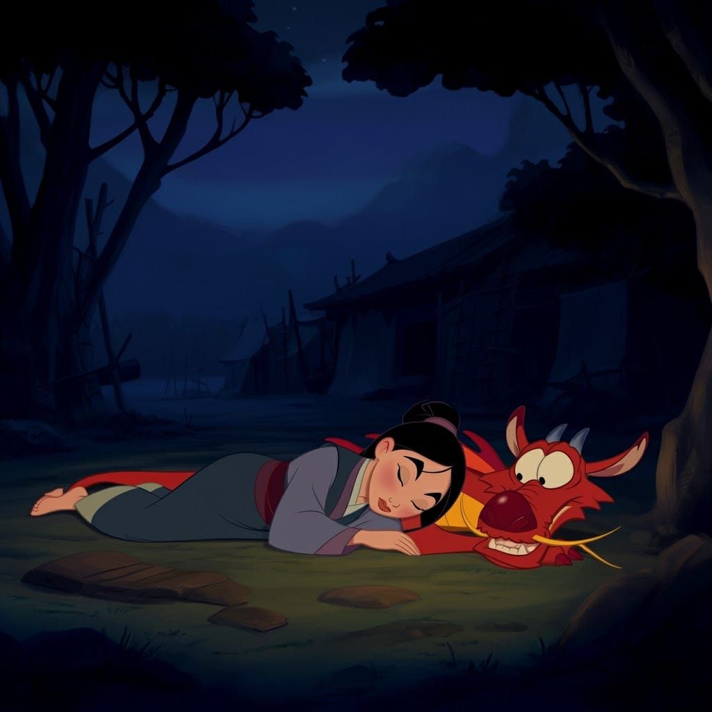 Mulan and Mushu at Campfire, Disney Cartoon
