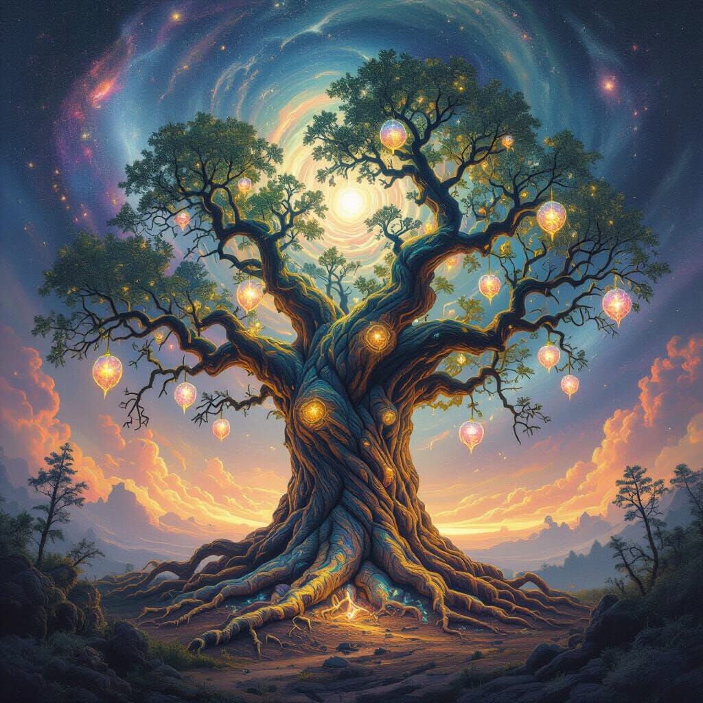 Cosmic Tree with Crystalline Fruit in Nebula