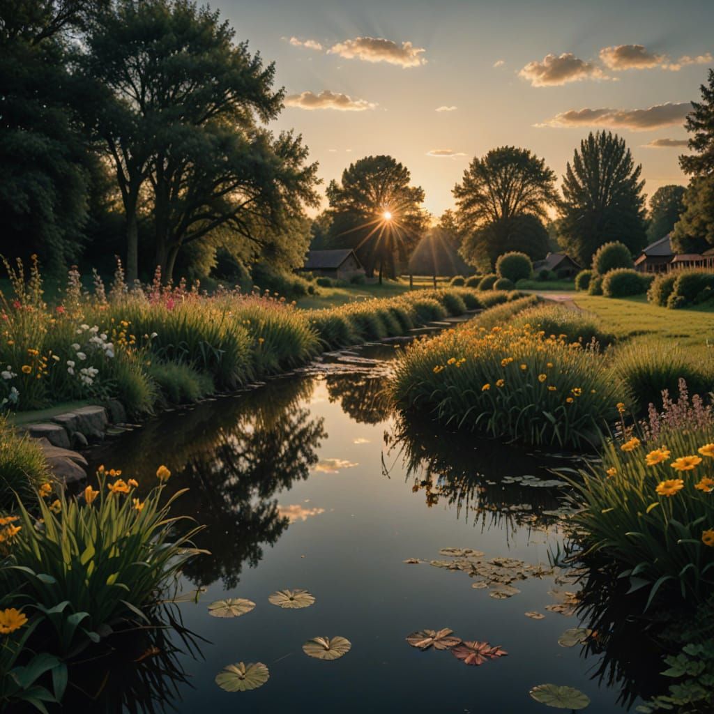 Serene Countryside Sunset Over Flowery Path & Pond
