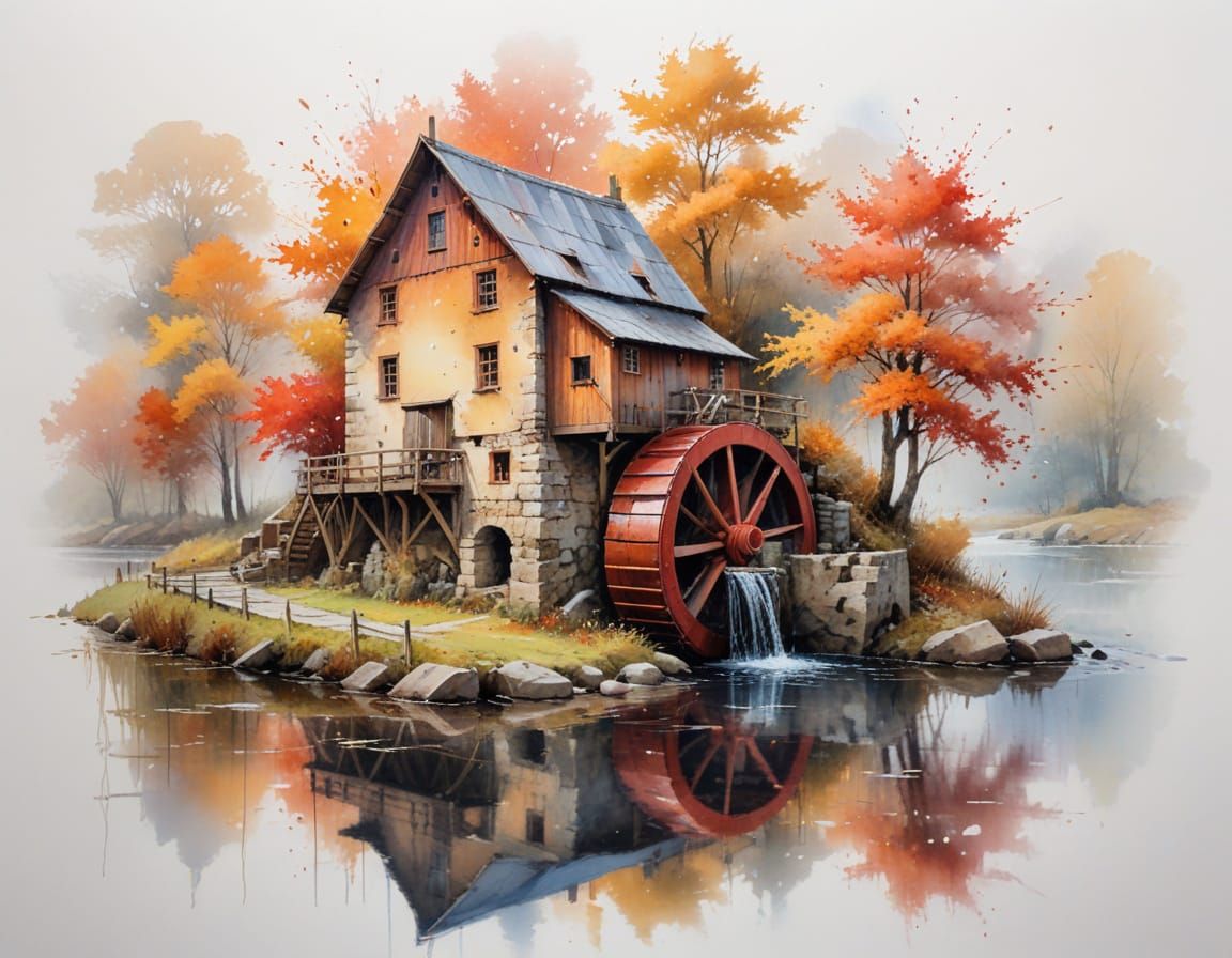 Serene Autumn Watermill Landscape with Reflective River