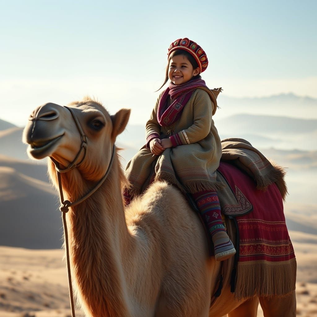 Mongolian Girl in Traditional Attire Laughs with Loyal Camel