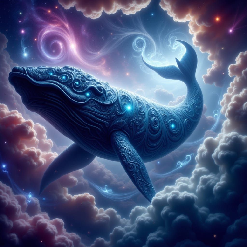 Cosmic Whale in Nebula, Adorned with Glowing Runes
