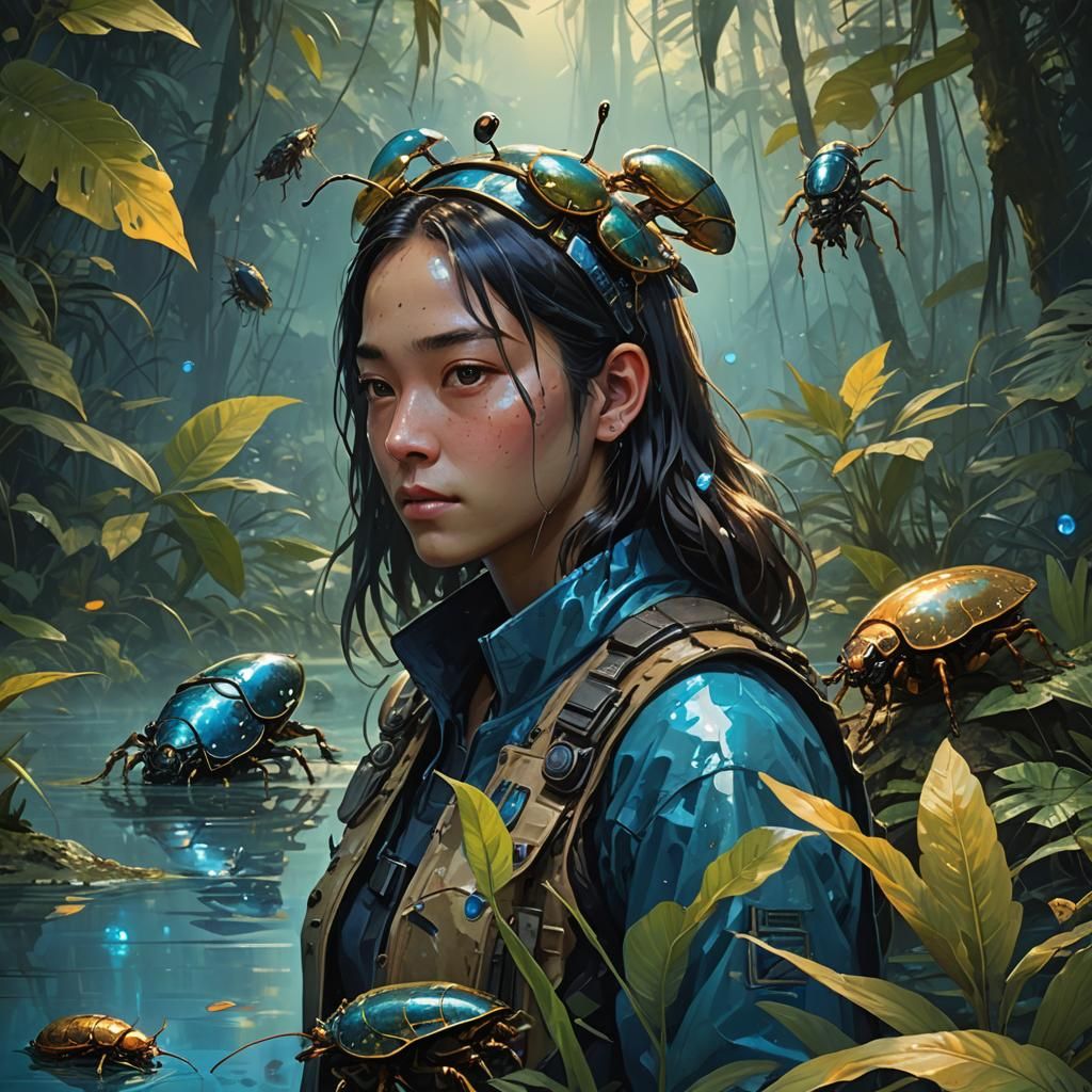 Hunting Giant Water Beetles: Vibrant Concept Art Portrait