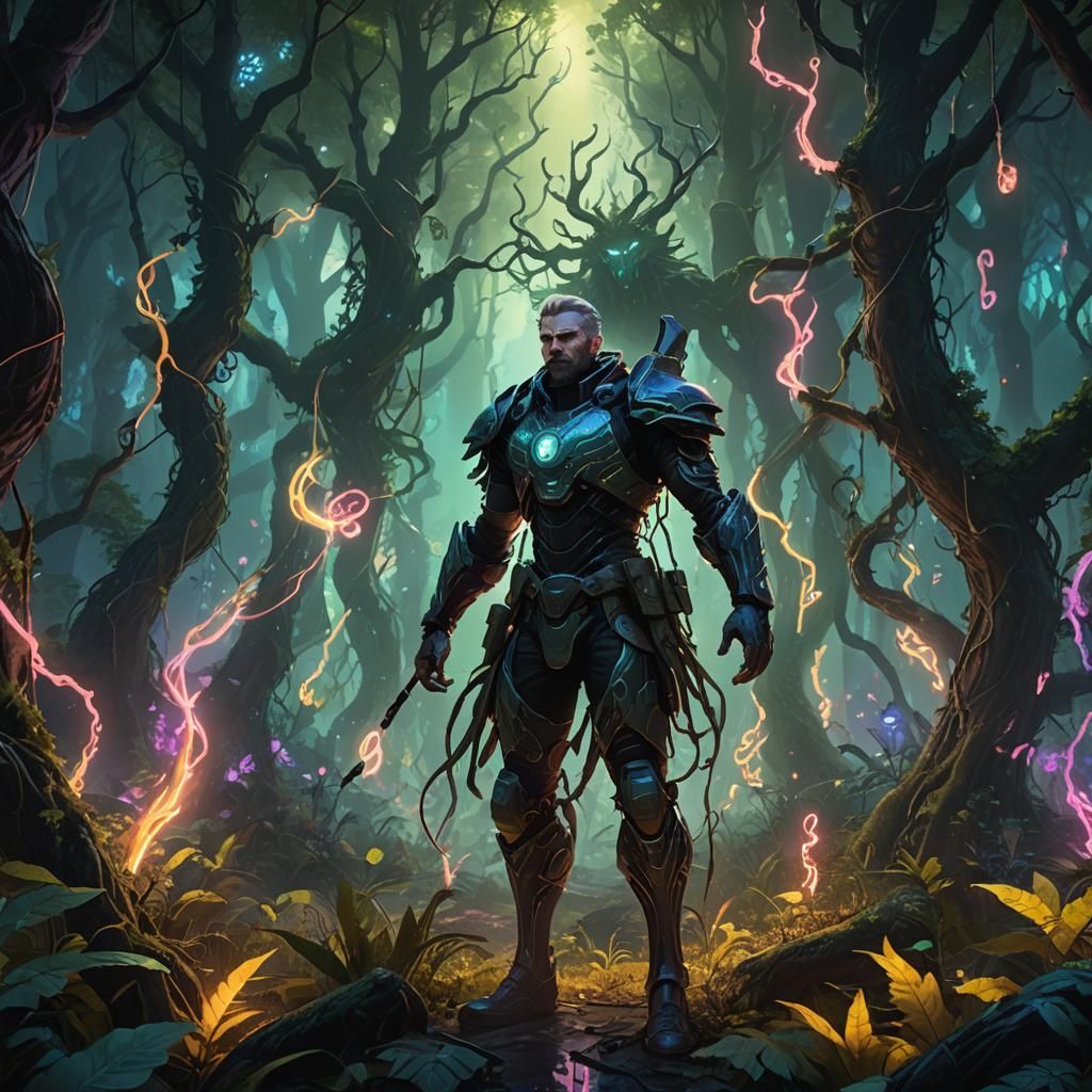 Mystical Forest Hero Commands Neon Army at Dusk