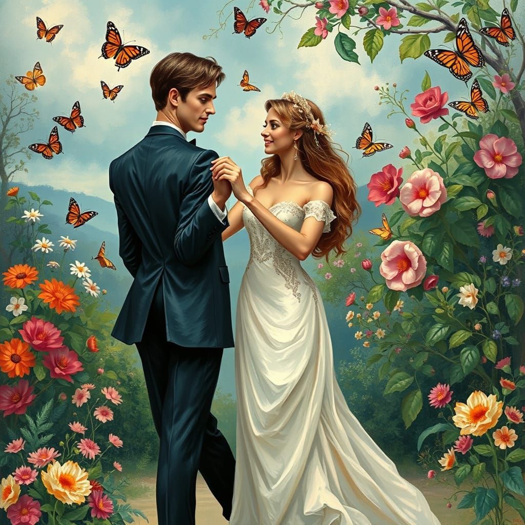 Elegant Couple Waltzing in a Whimsical Floral Wonderland