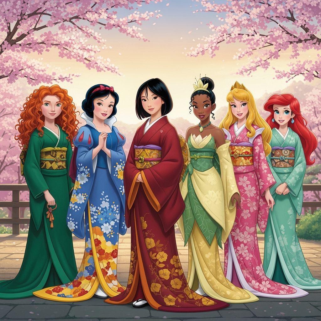 Disney Princesses in Japanese Kimonos in Cherry Blossom Gard...