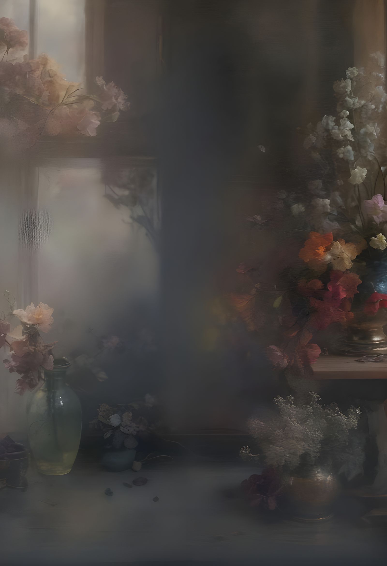 a painting of flowers in a vase on a table in front of a window, Kim Keever, by Kim Keever, inspired by Kim Keever, baro...