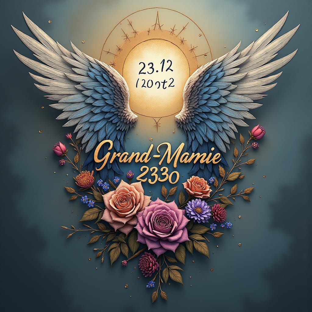 Angelic Tattoo Design with Floral Wreath and Inscription