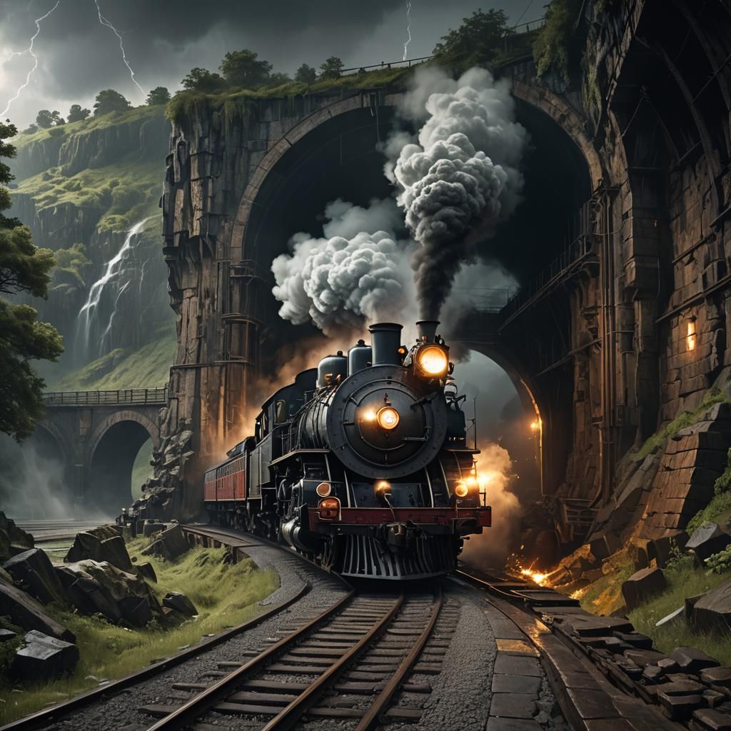 Vintage Steam Train Storm, Dark Fantasy Art