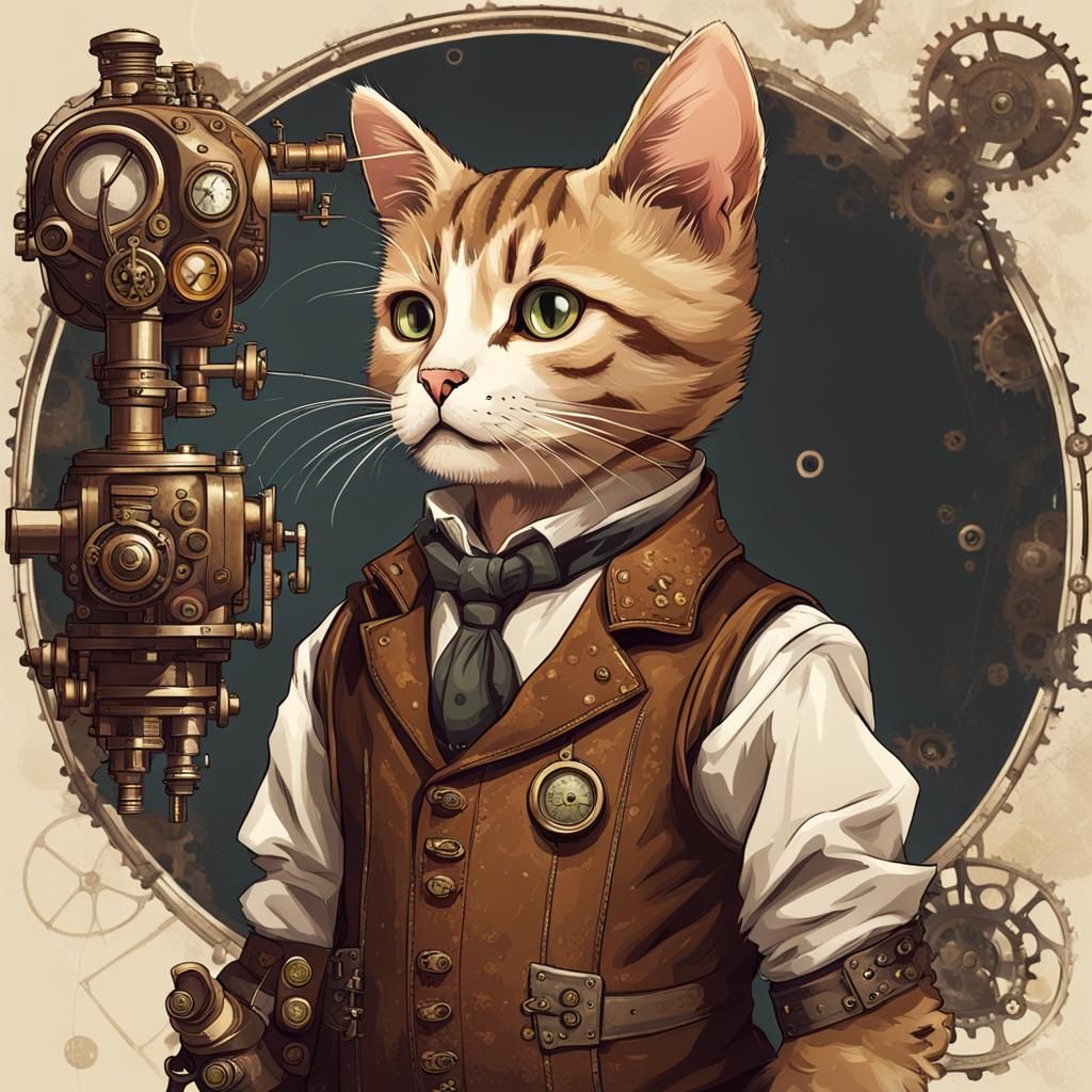 Steampunk Cat in Clothes Staring into Distance