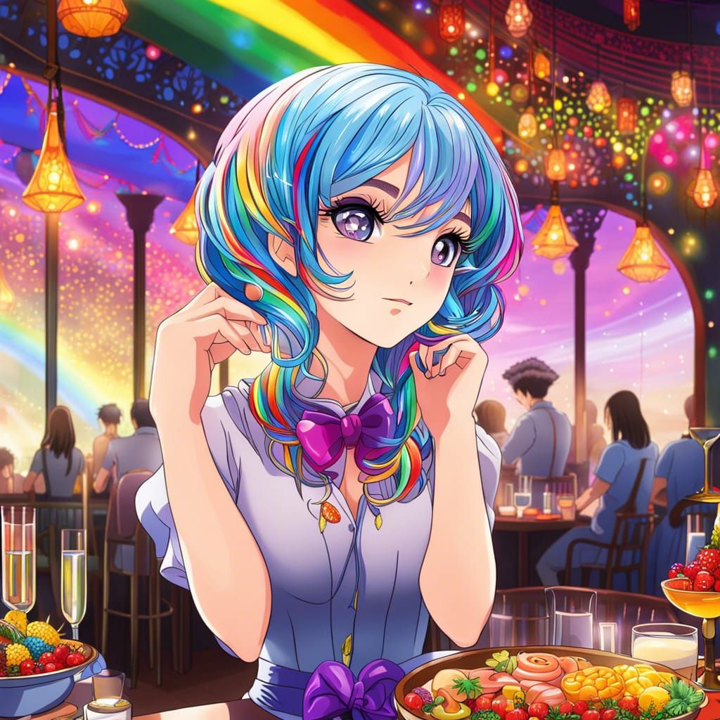 Anime Woman with Rainbow Hair in Restaurant