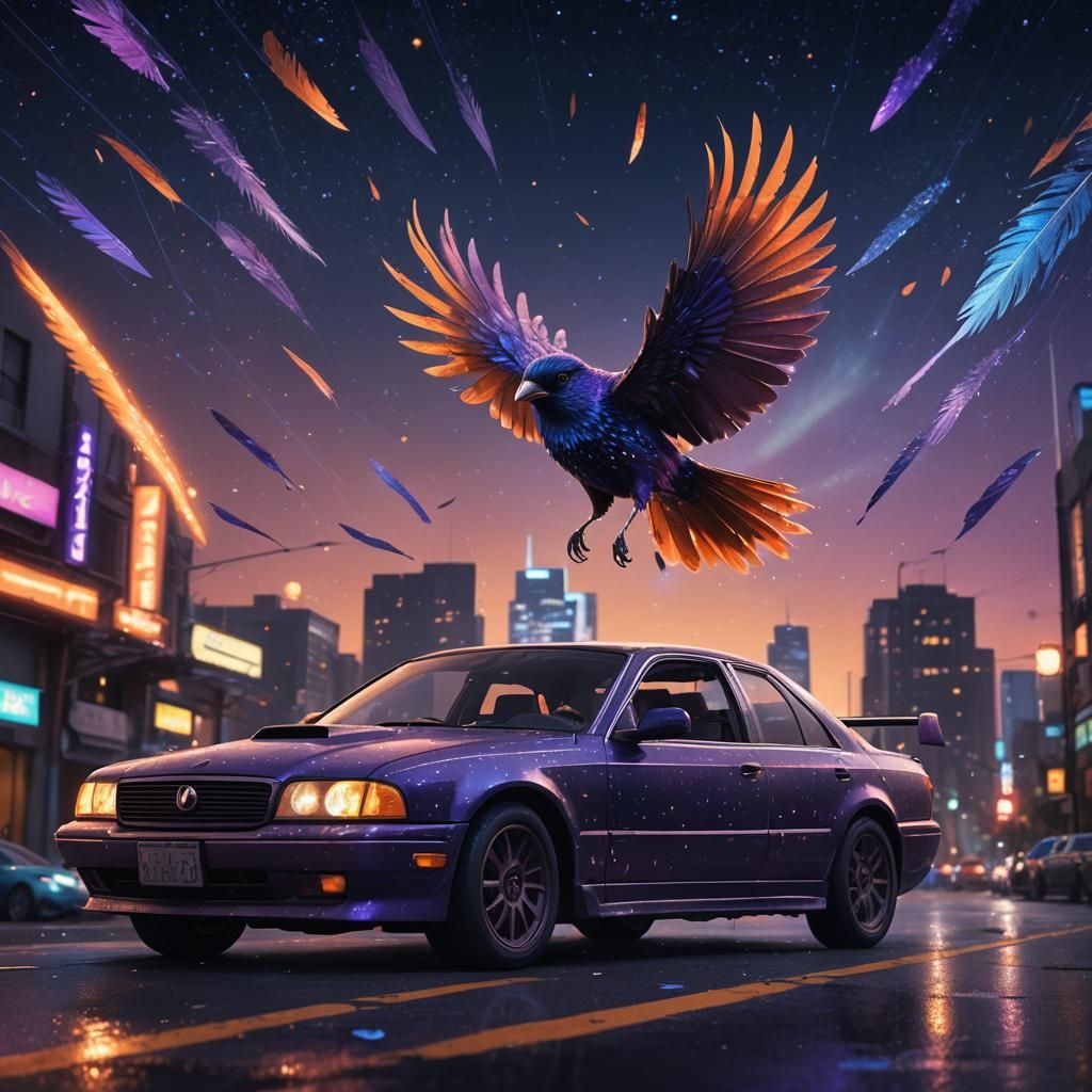 Bird-Car Hybrid Soaring in Night Sky: Fantasy Concept Art