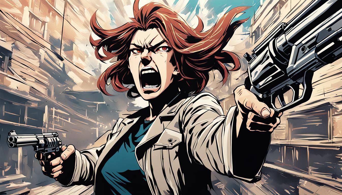 Angry Woman Aiming Revolver in Anime Style