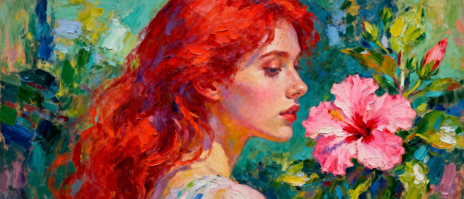 Impasto Oil Painting of Red-Haired Woman with Pink Hibiscus