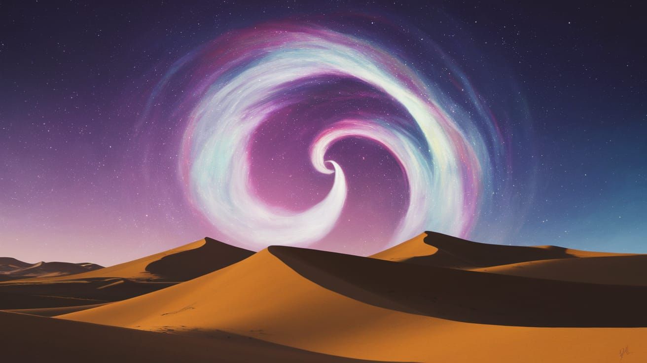 Majestic Spiral Aurora Over Golden Dunes in Vibrant Oil Pain...