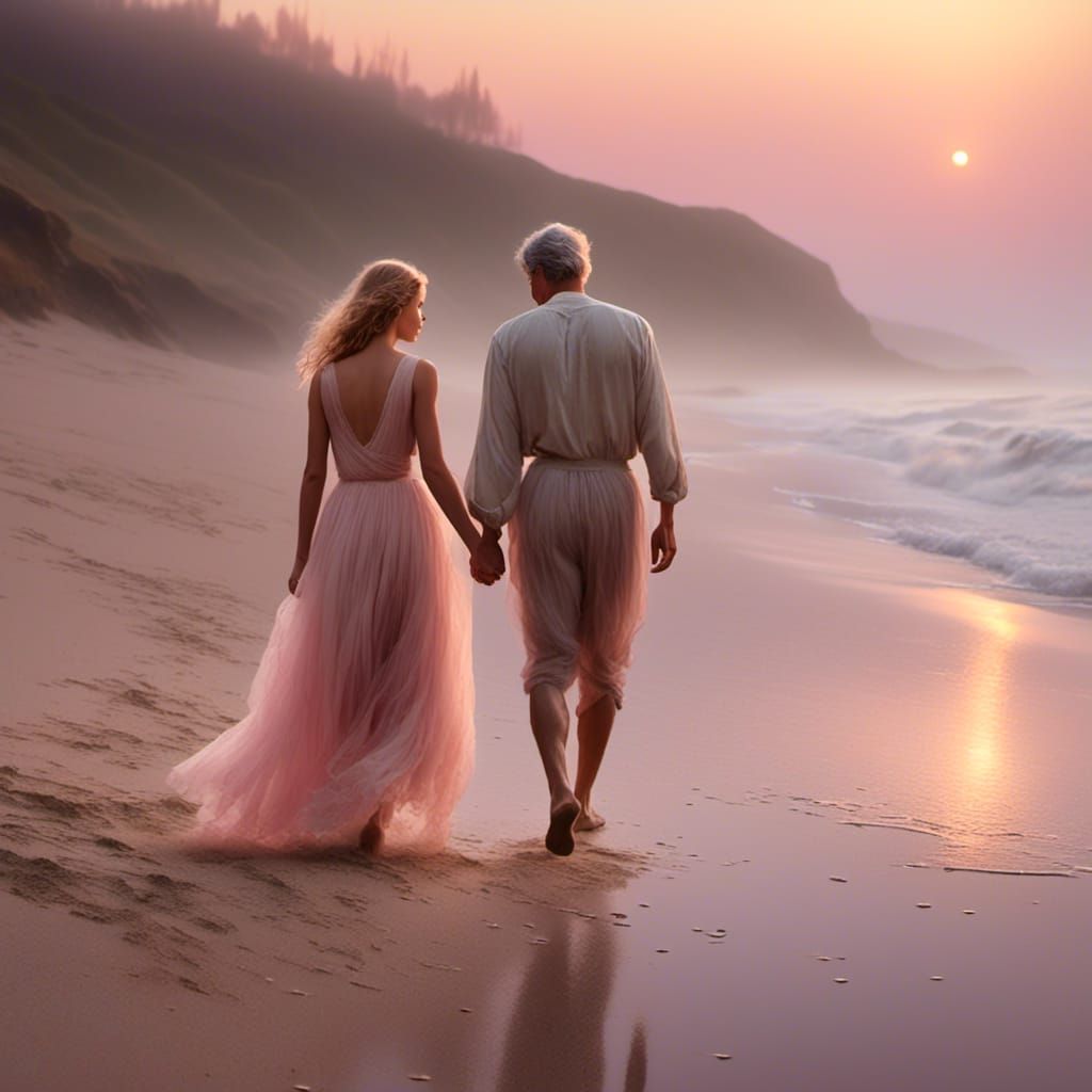 Couple Walking on Beach in Romantic Realism Style