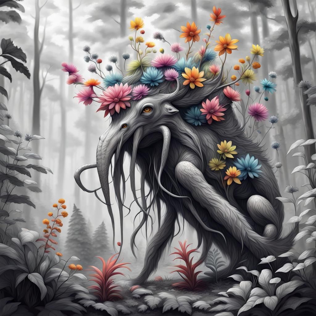 Colorful Creature in Grayscale Fantasy Forest