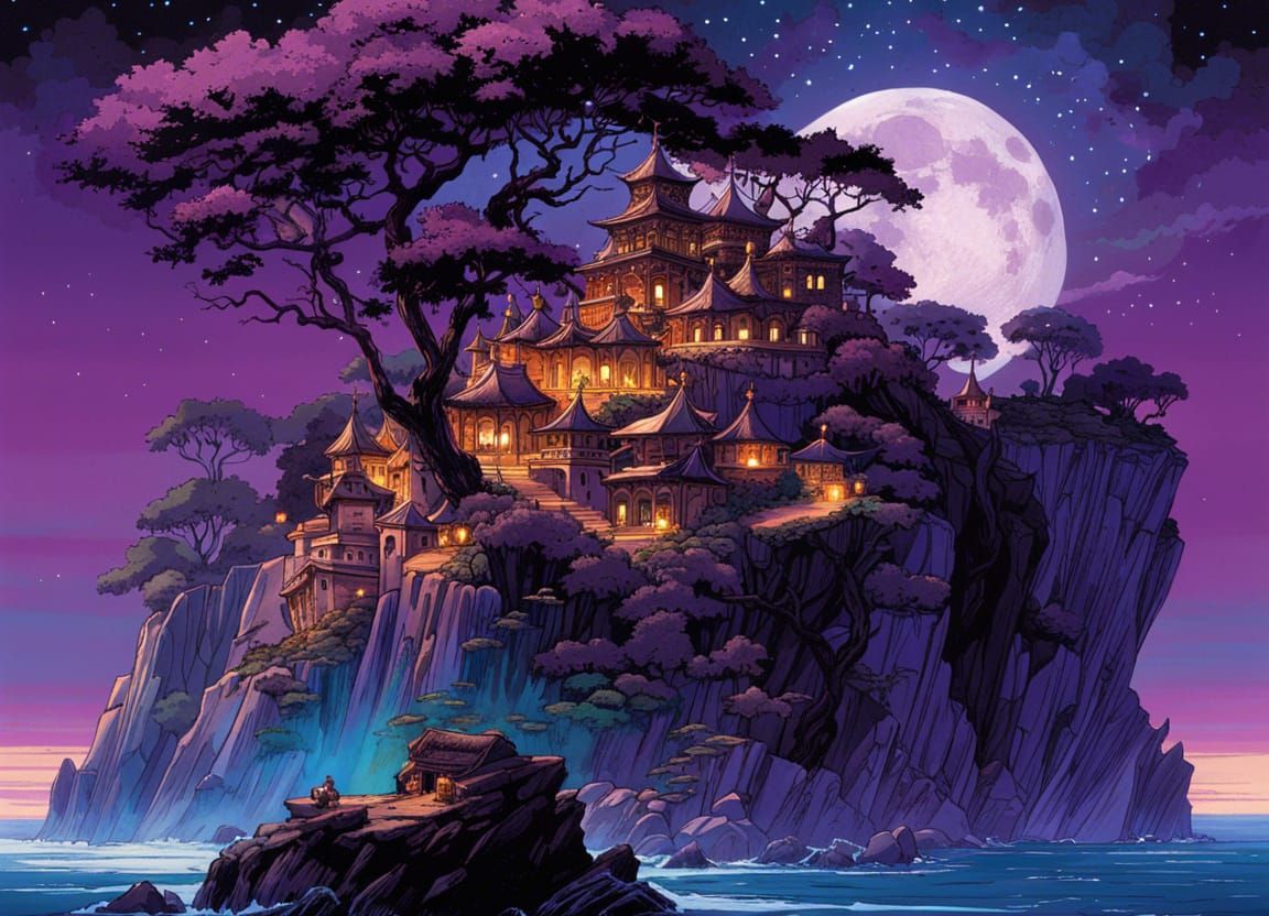 Magical Moonlit Coastline with Glowing Elven Homes