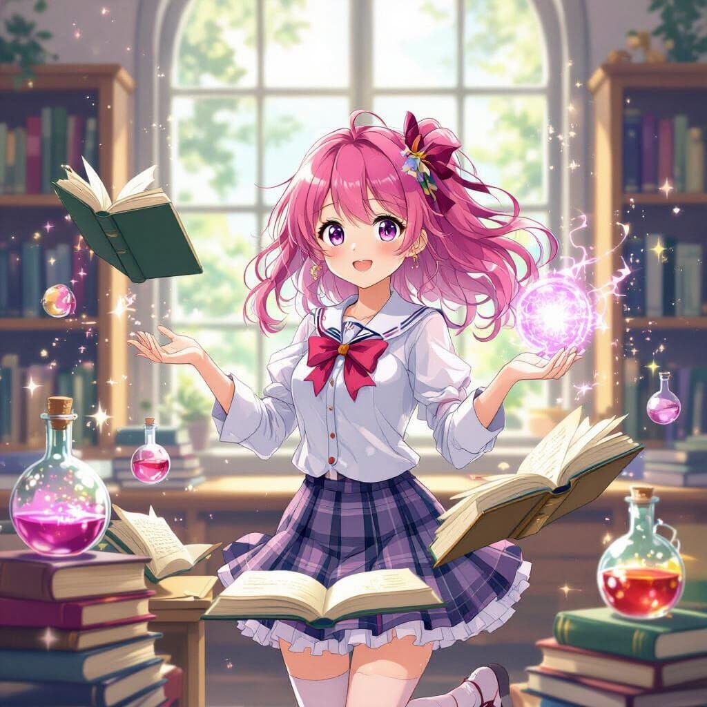Anime Girl Casting Spell in Ghibli-Inspired Classroom