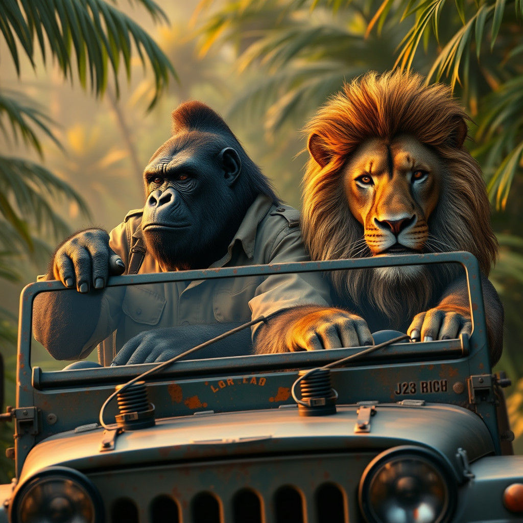 Gorilla and Lion Safari Adventure in Hyperrealism
