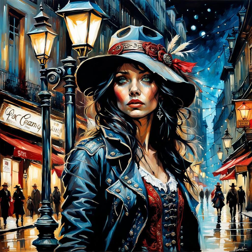 Cowgirl in Dark French Street, Digital Art