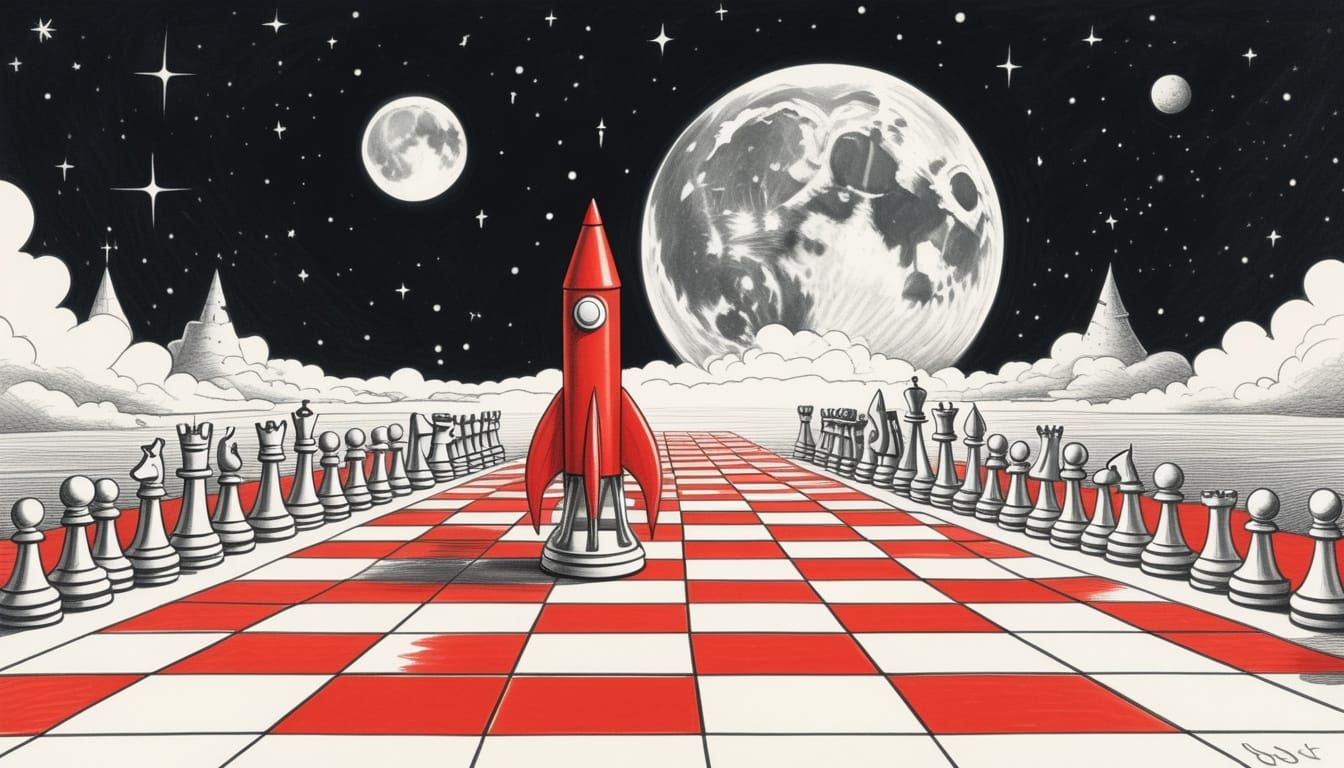 Red Pencil Transforms Into Chess Rocket Near Moon