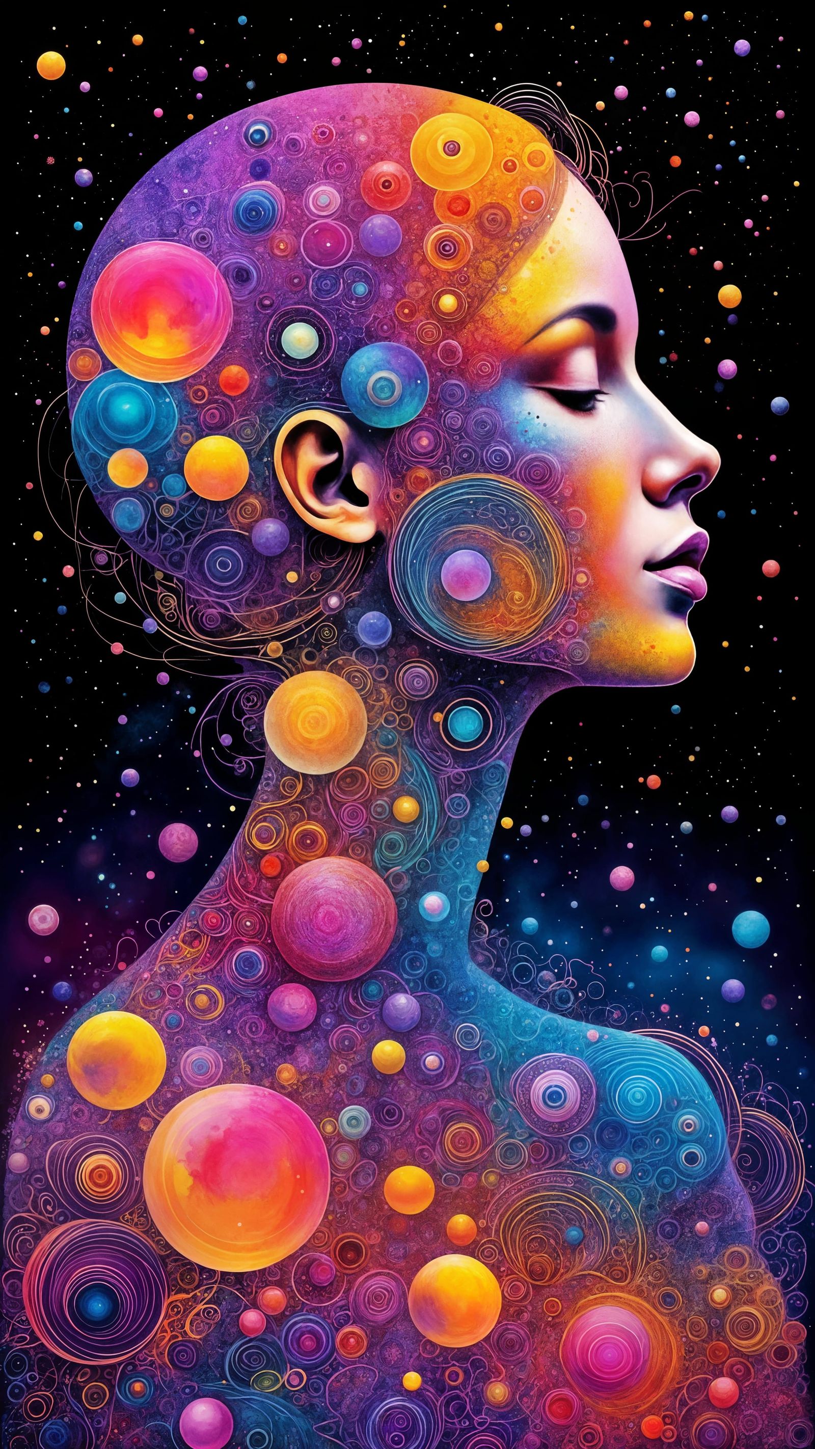 Psychedelic Feminine Face of Inner Peace in Liquid Ink Water...