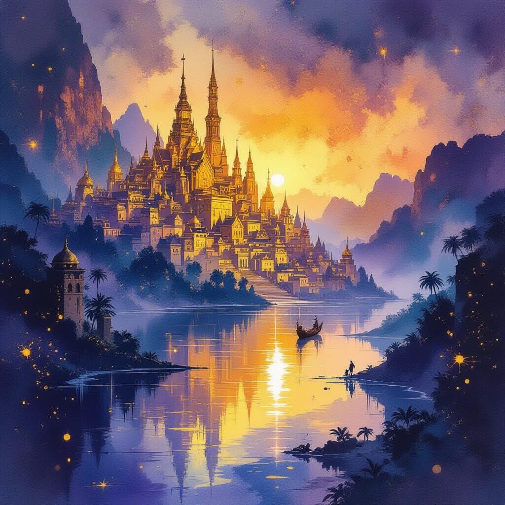 Lost Golden City at Dawn in Watercolor Style