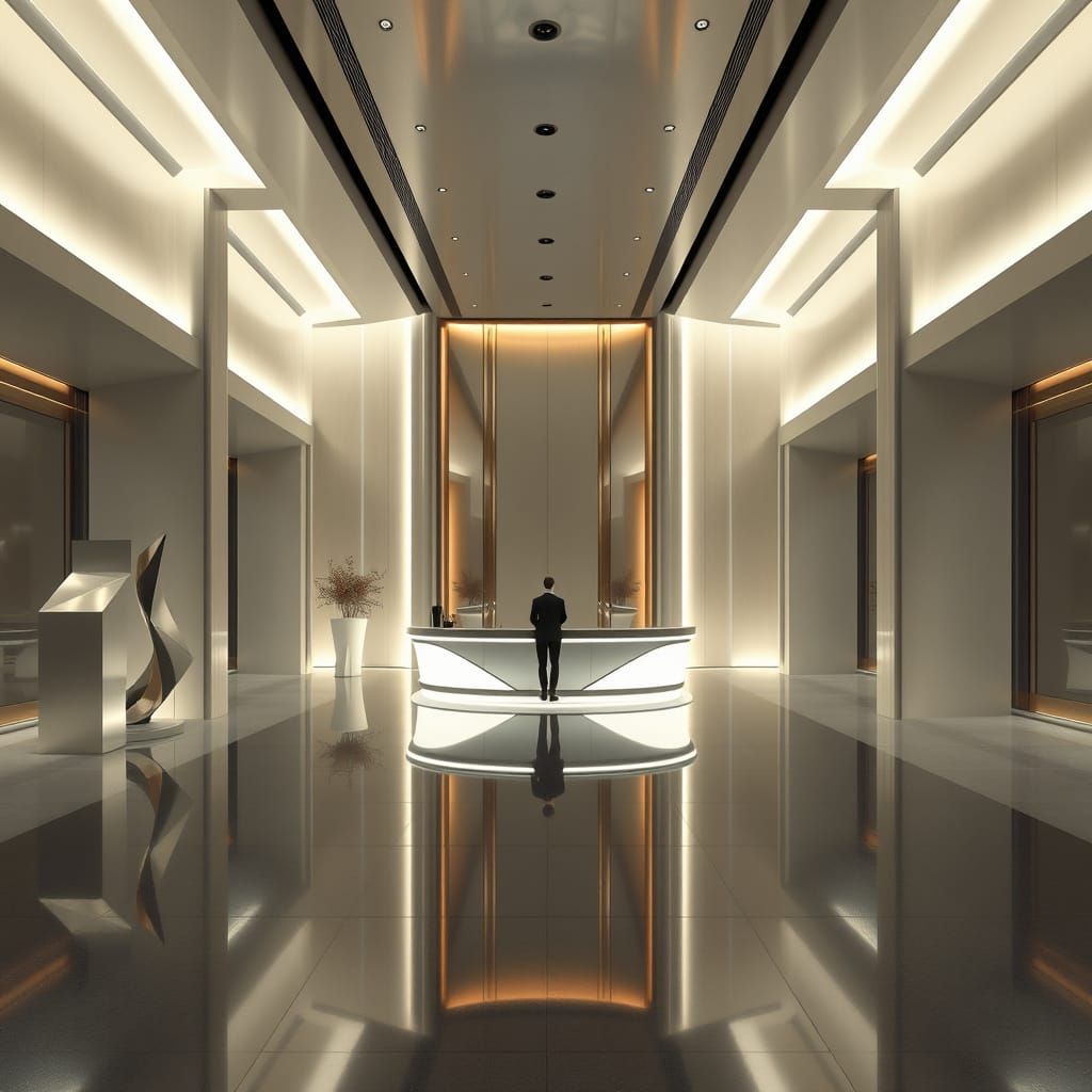 Futuristic Minimalist Hotel Lobby 3D Render