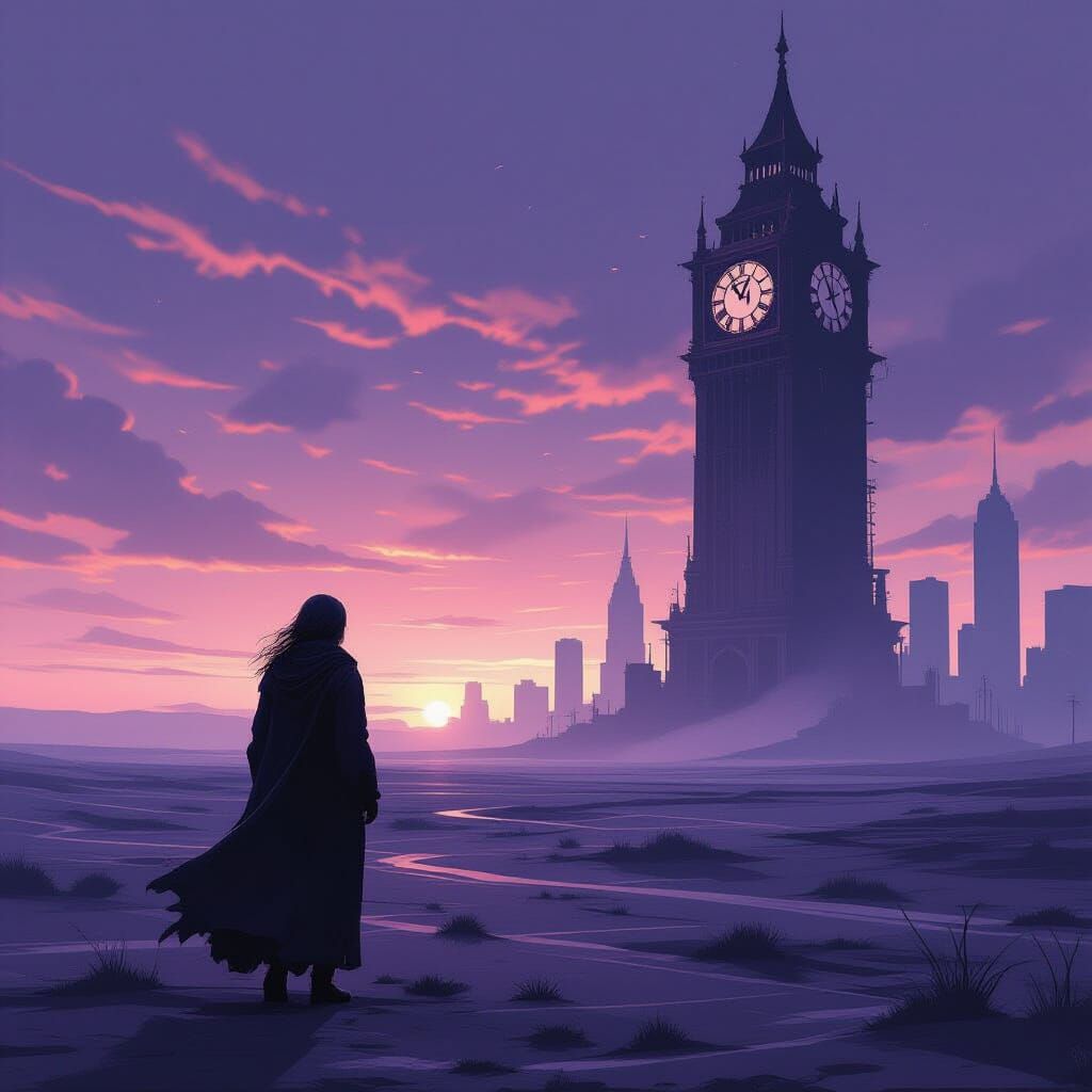 Woman Gazes at Ruined Clock Tower in Desolate Landscape