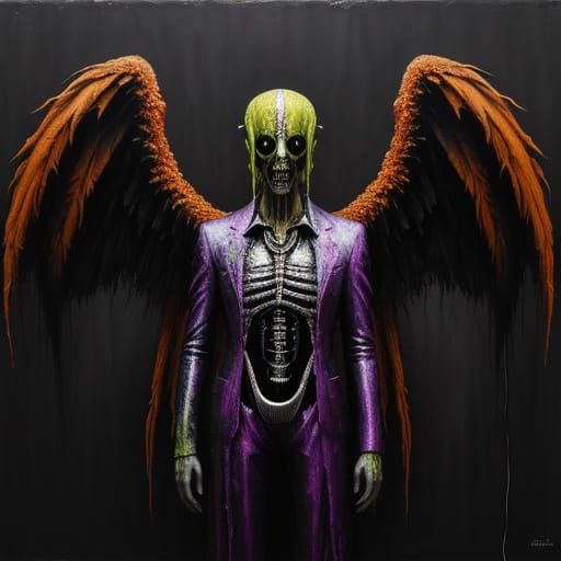 Grotesque Zombie Angel with Garish Rust Wings in Surreal Oil...