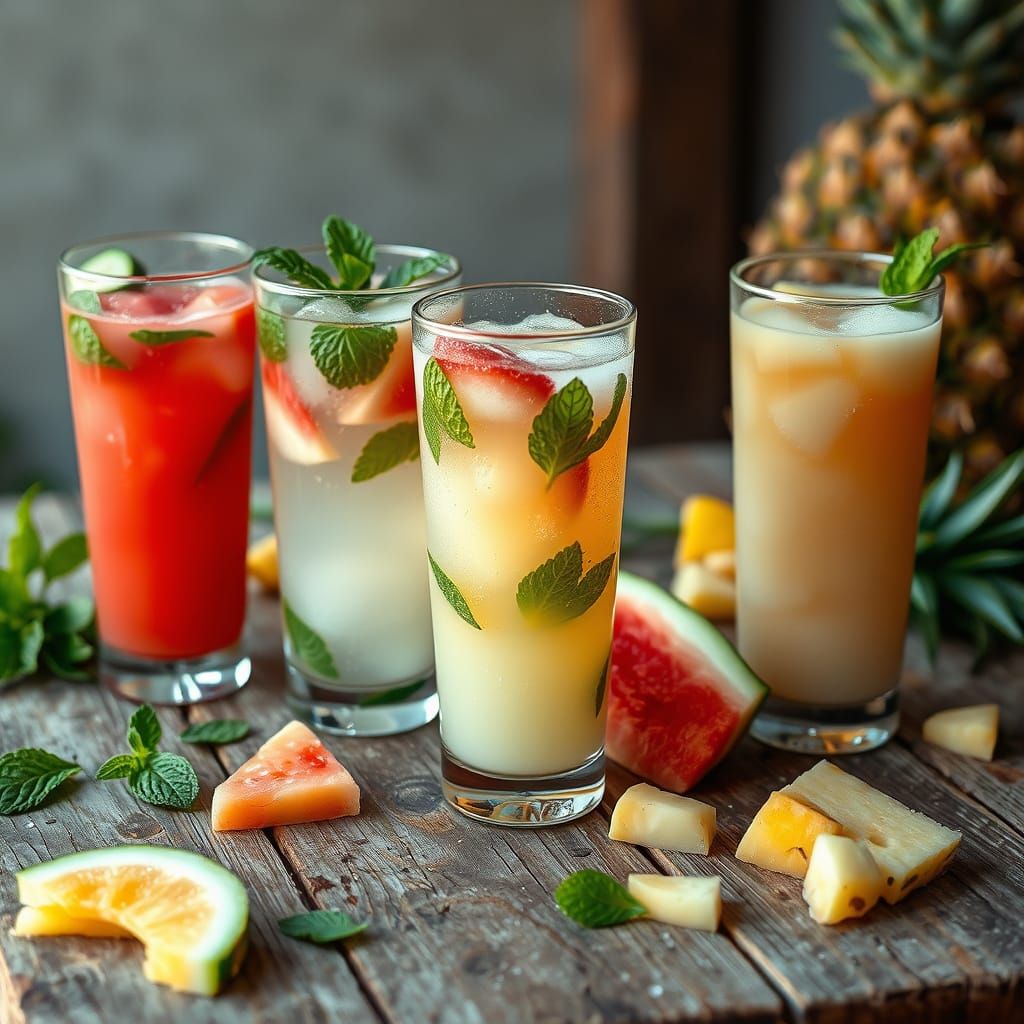 Fresh Fruit Juices on a Rustic Wooden Table