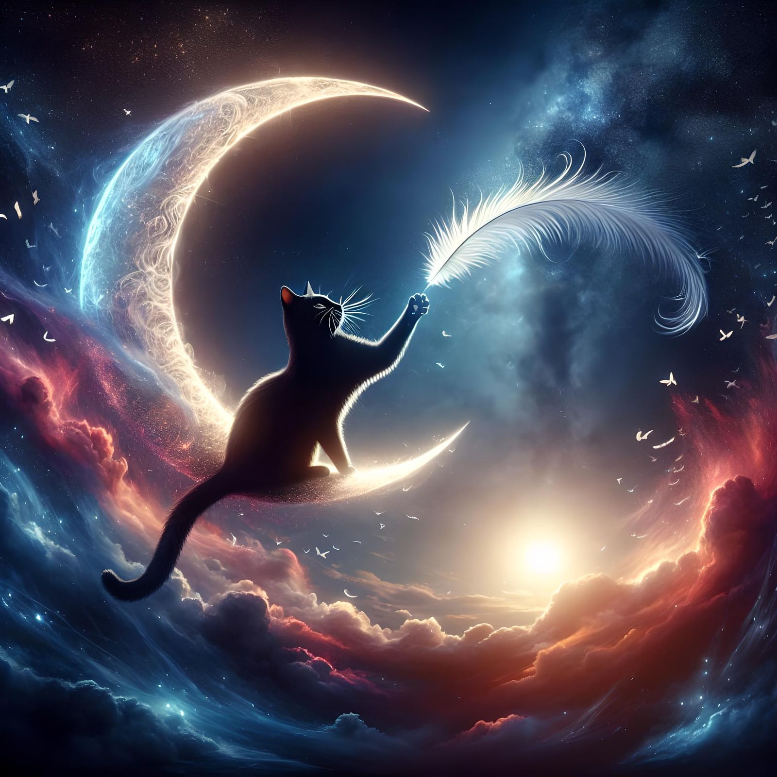 Black Cat Plays with Moon Feather: Fantasy Art