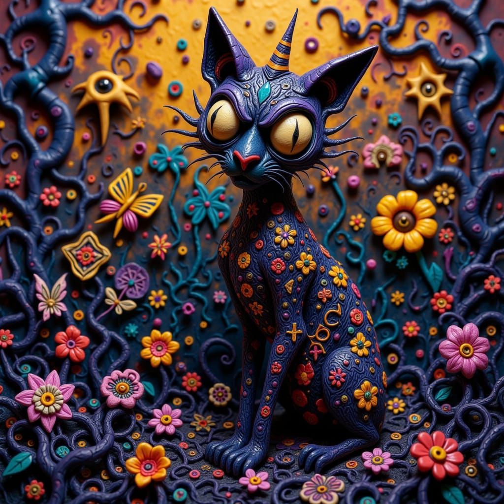 Elegant Fluffy Cat in Flower Garden, Claymation Style