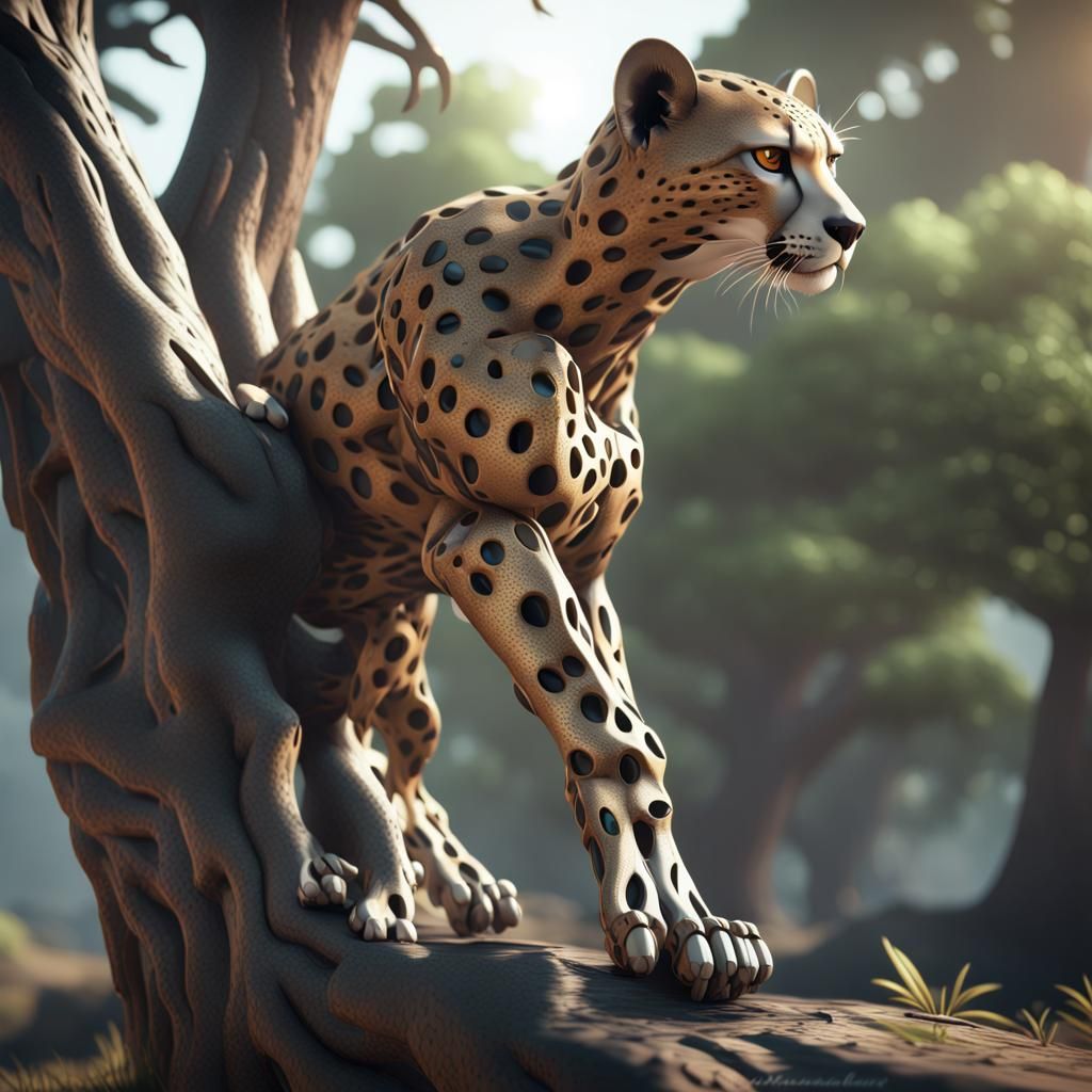 Futuristic Cheetah Climbing Tree in Sci-Fi Style