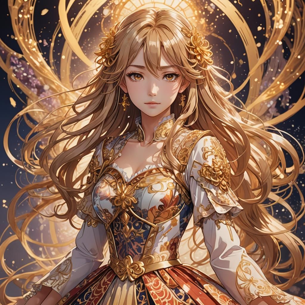 "Imagine a waifu with an enchanting presence, flowing locks ...