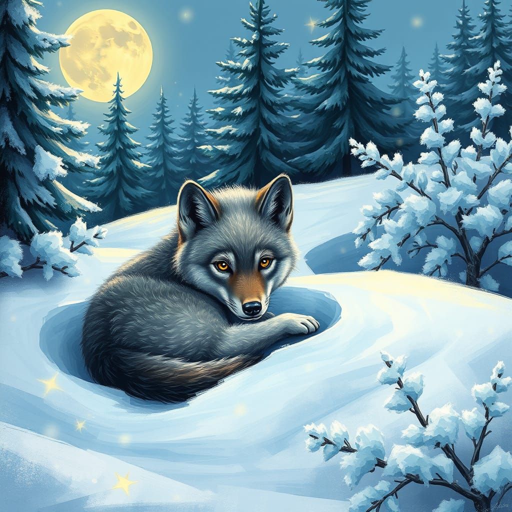 Winter Wolf Cub in Whimsical Snowscape