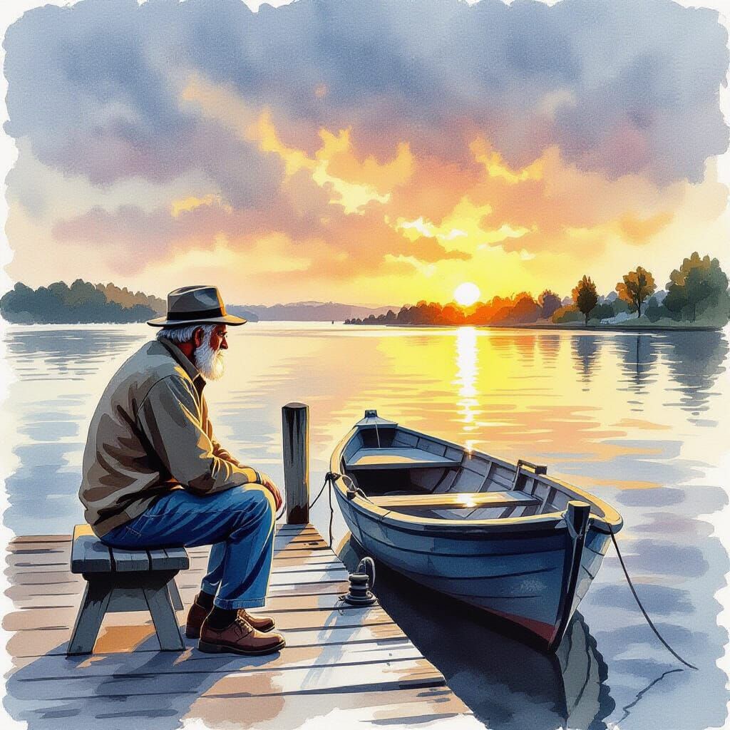 Old Man Contemplating Life on Dock in Watercolor Style