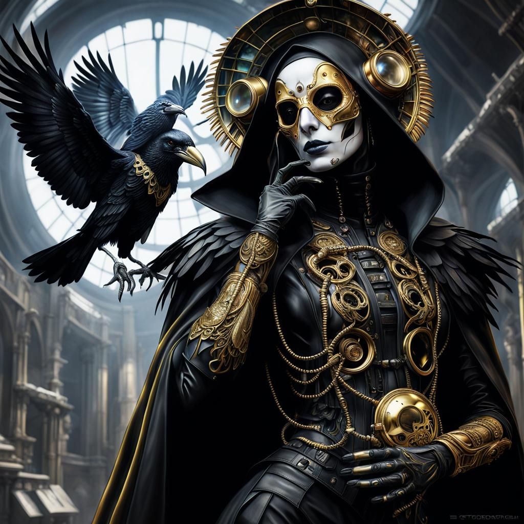 Cyberpunk Raven Doctor in Golden Gothic Style